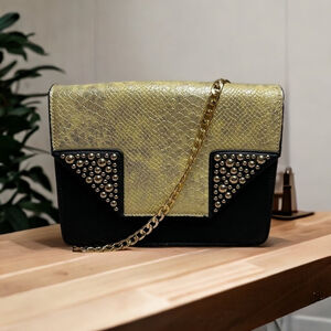 Gold And Black Embossed Embellished Beaded Shoulder Bag with Chain Strap